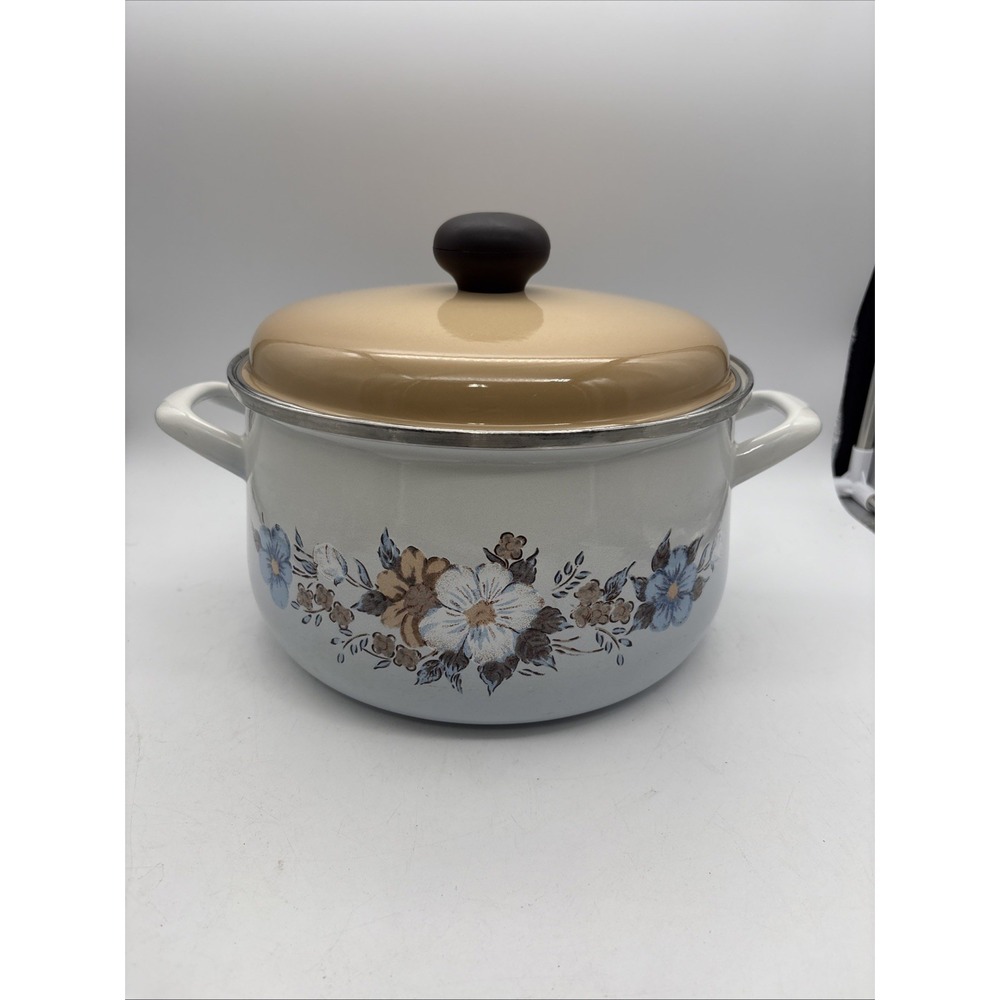 VTG Crowning Fashion "Spring Bouquet" Enamel 6 Qt Stockpot W/ Lid Cottagecore